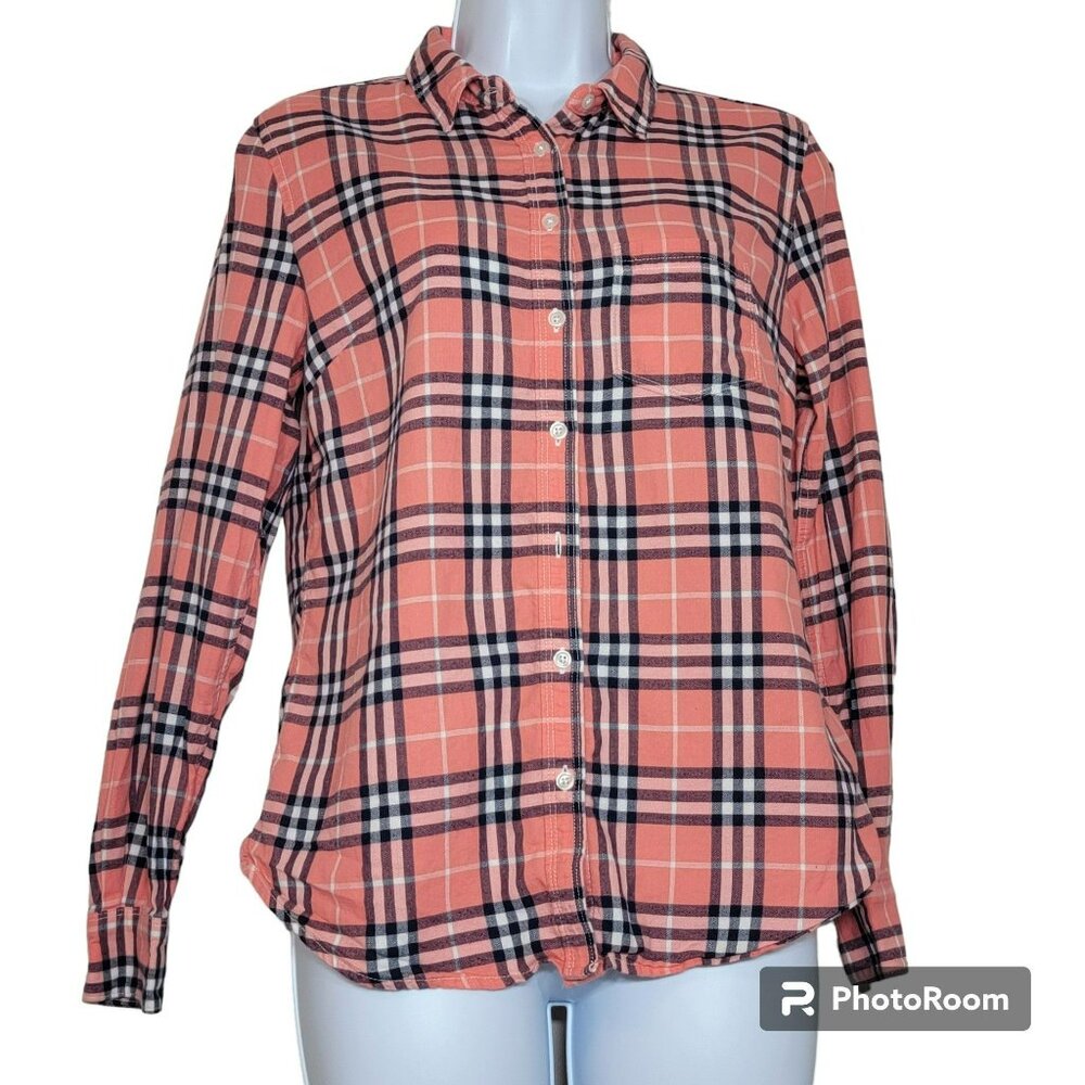 Banana Republic Soft Wash Shirt, Women XS, Orange, Blue Flannel Plaid,Cotton,GUC